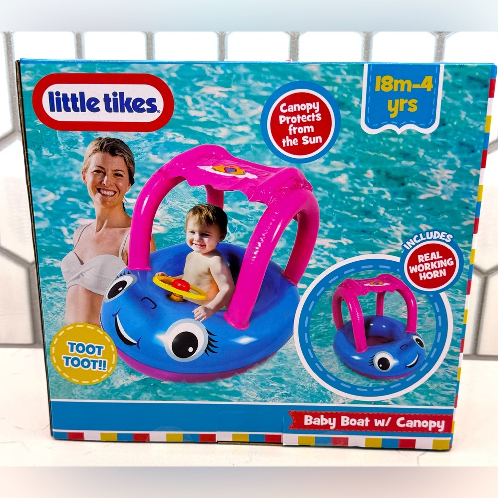 Little Tikes | Cozy Coupe Baby Boat Pool Floatie | Blue Pink | Canopy & Horn